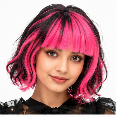 "Hot Pink & Black Blunt Cut Wig | Two-Tone Cosplay Fancy Dress Wig for Halloween, Theme Parties & Costume Events "