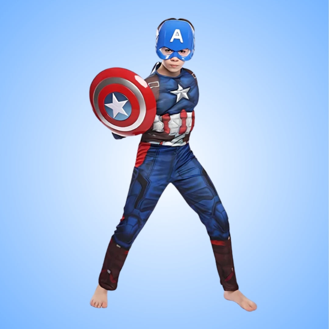 Captain America Muscular Costume w/ Face Mask & Shield for Kids - Size S - Age 3 - 5 YRS