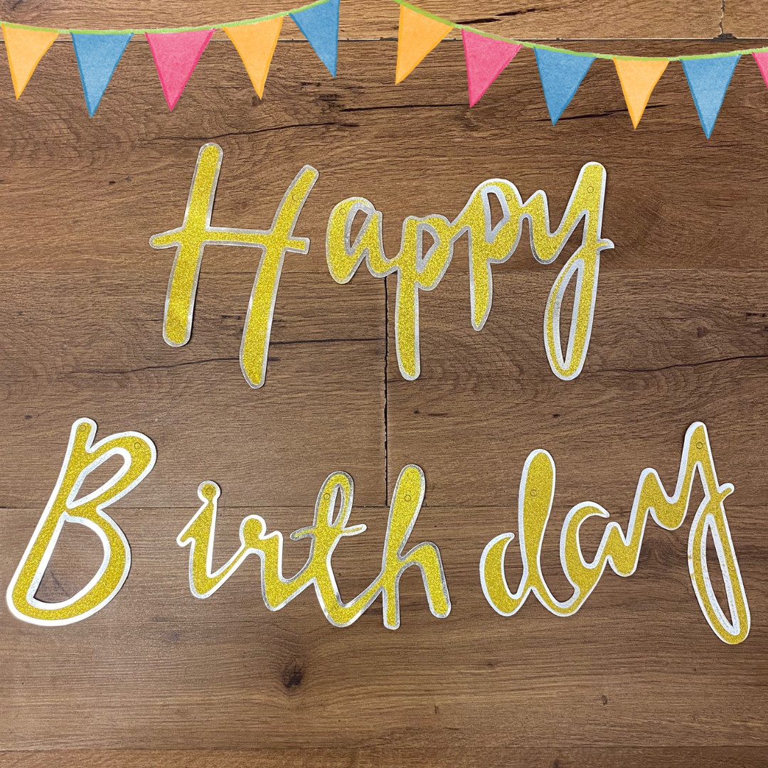 Happy Birthday Cursive Glitter Gold & Silver Banner- 6FT