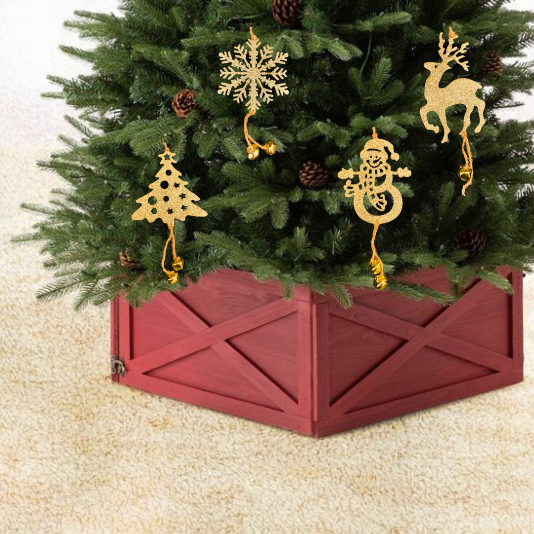 Christmas Tree Ornaments - Assorted Golden Glitter Hanging Decoration with Bells - 4PC