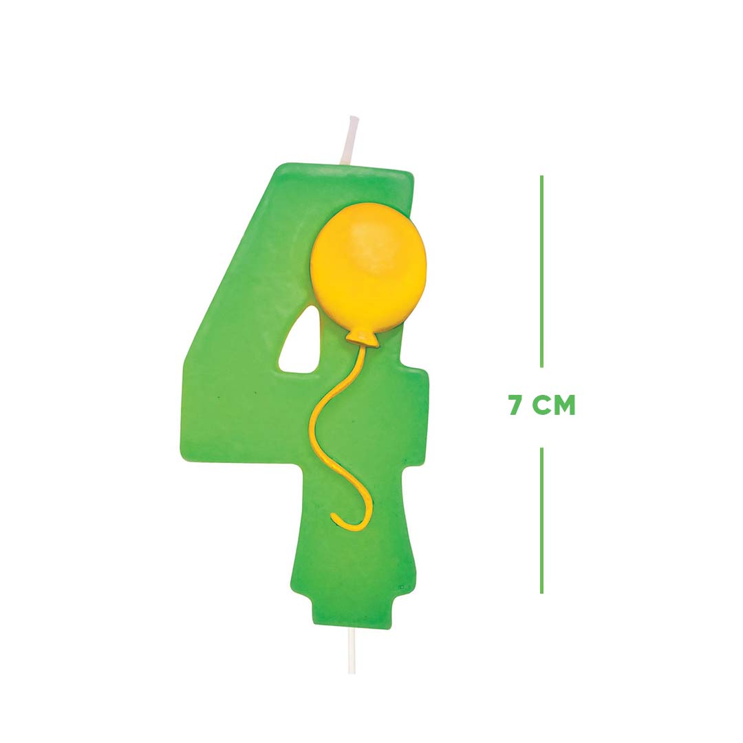 Green Color Number 4 Candle with Balloons - 1PC