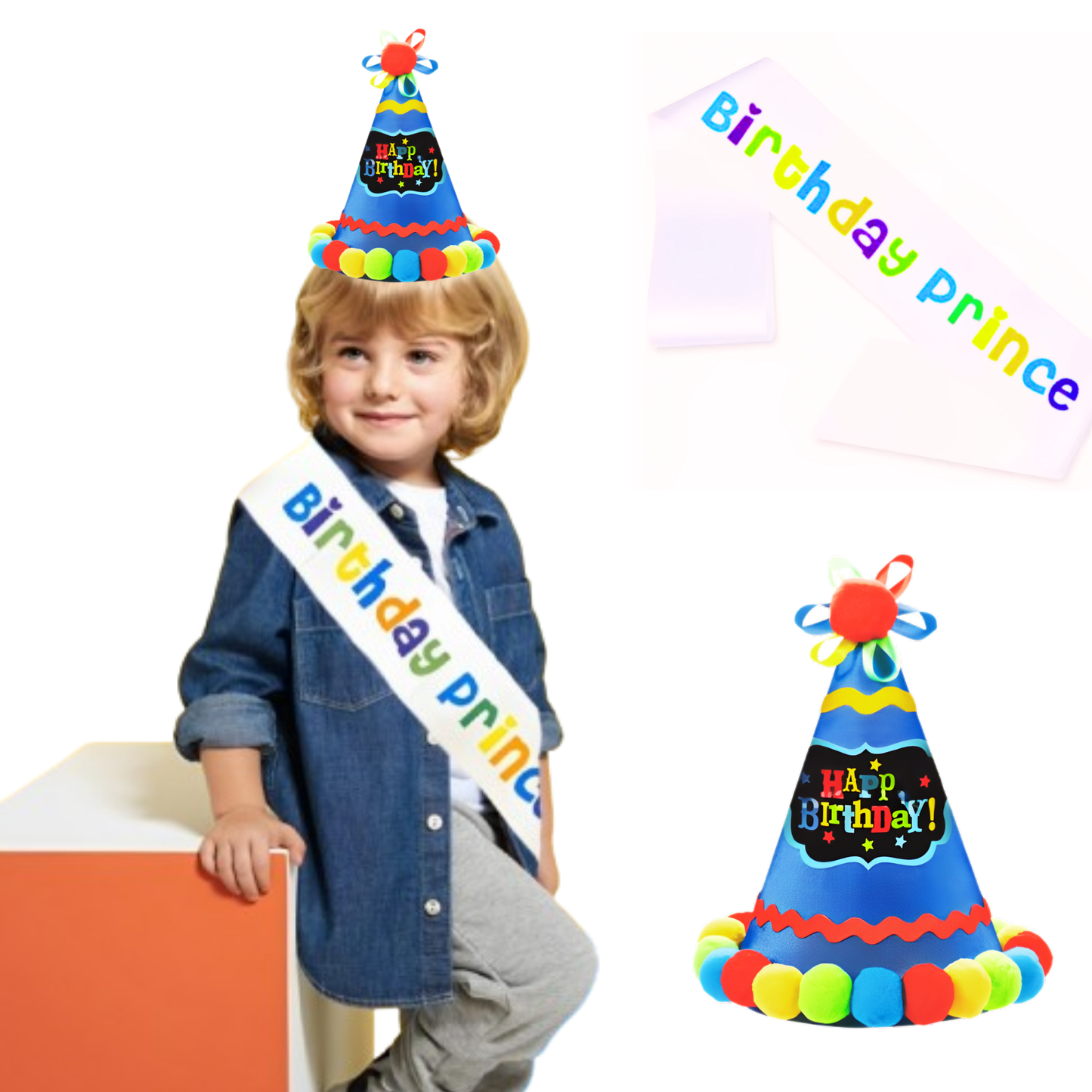 Blue Happy Birthday Conical Hat & Sash Combo for Boys - Set of 2