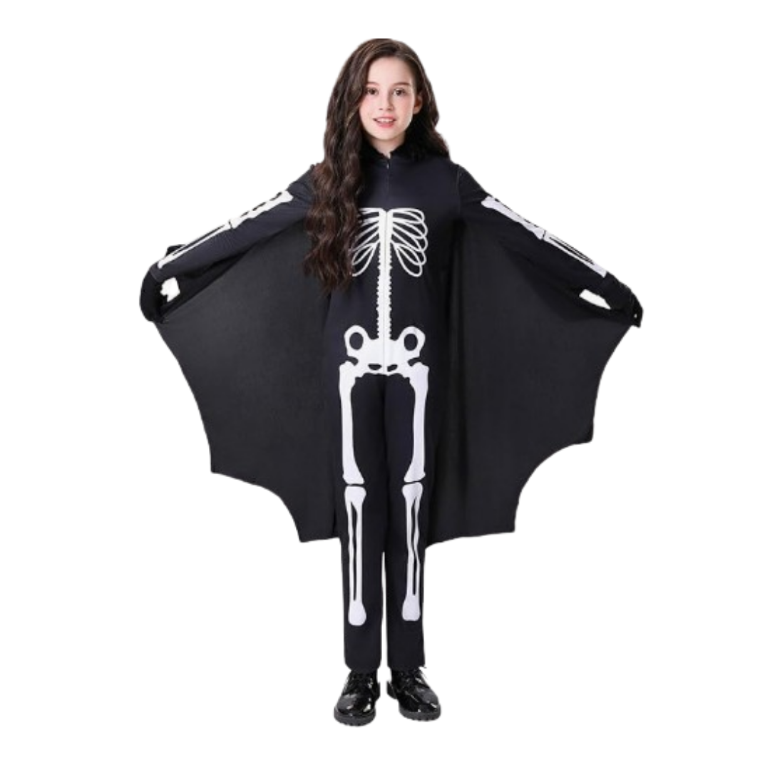 Black Bat Skeleton Costume w/ Wings for Kids - Size M - Age 5 to 7 Years