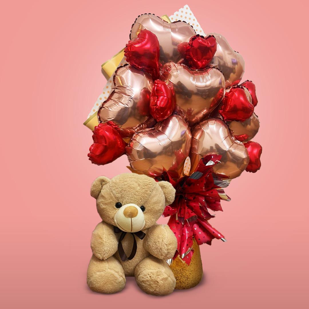 Rose Gold & Red Heart Shape Foil Balloon Bouquet Set - 14PC