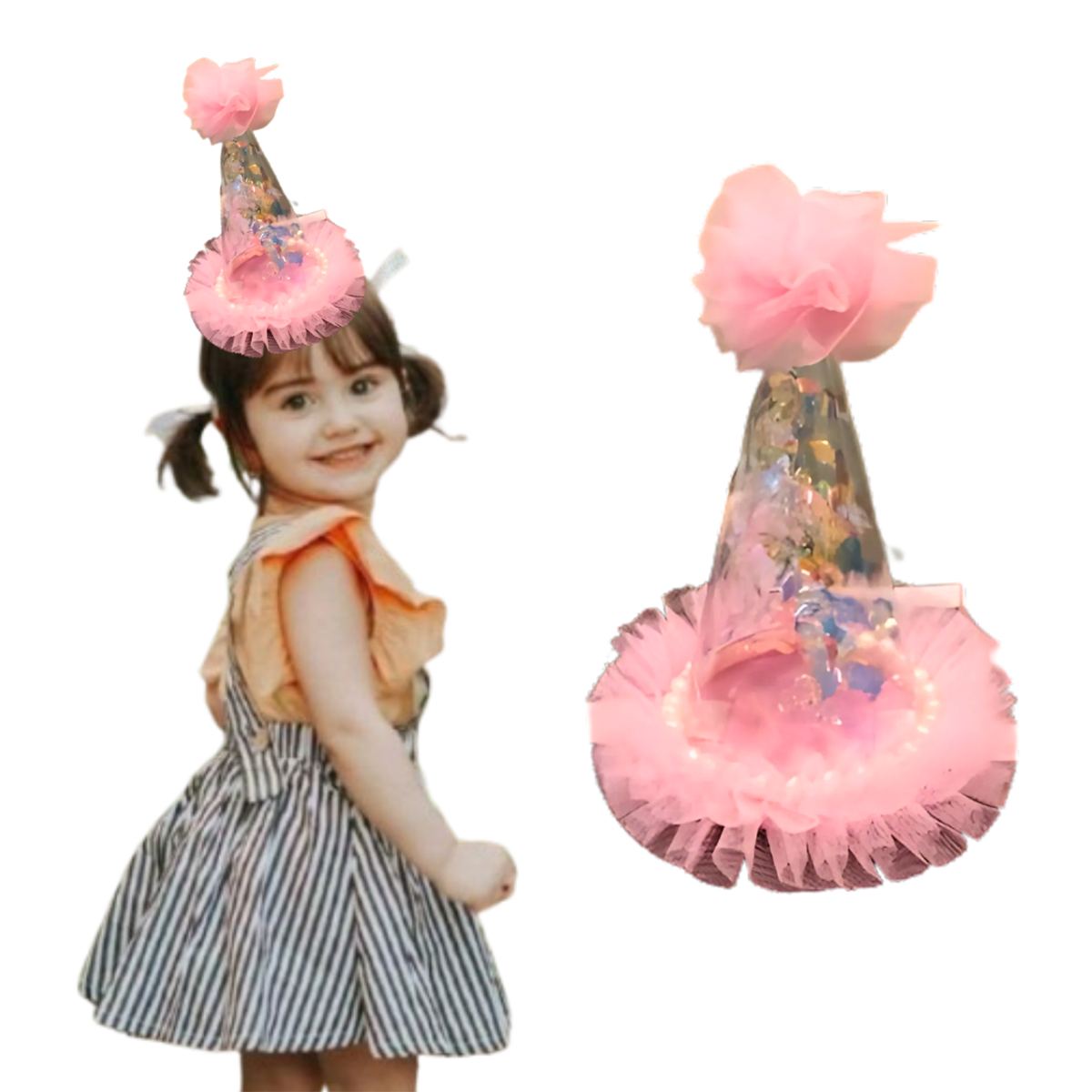 Pink Transparent Party Paper Hat w/ Silver Confetti - 1PC