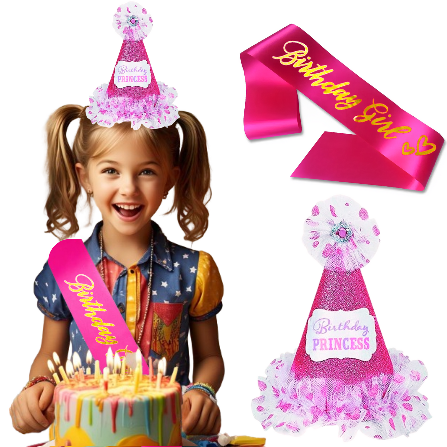 Hot Pink Happy Birthday Cap w/ Tassel & Sash Combo for Girls - 2PC