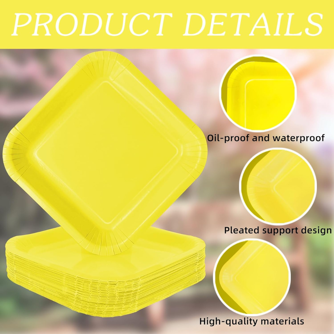 Yellow Solid Square Paper Plates - 9 inches - 8PC