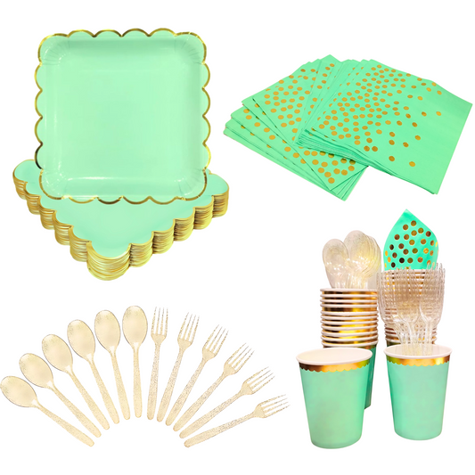 Mint Green Party Tableware Combo with Plates, Tissues, Cups, Spoons and Forks - 64PC - Serves Upto 10 Pax