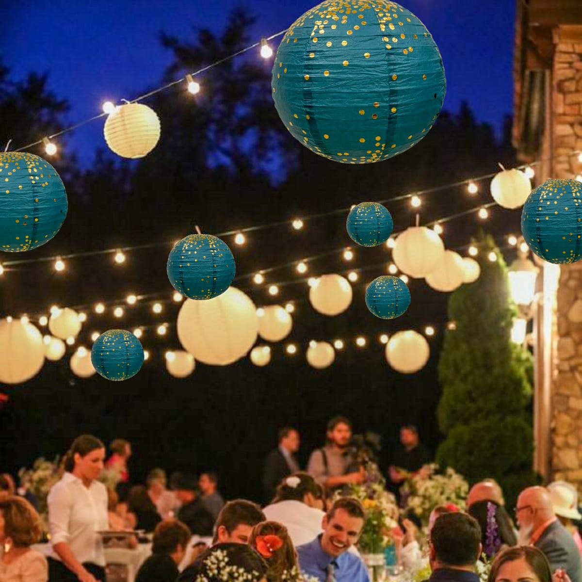 Aqua Blue & Golden Polka Dots Lantern 12"