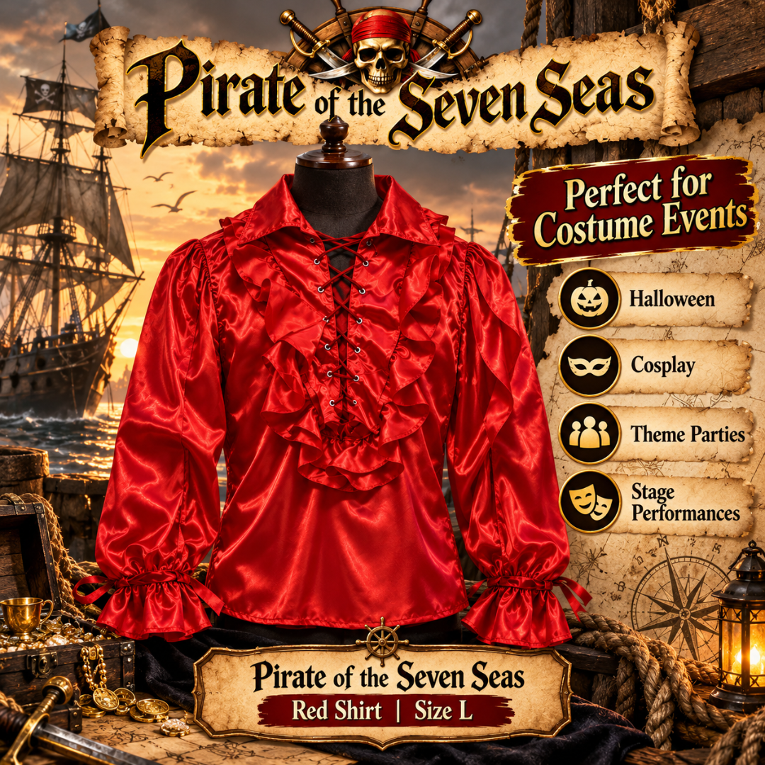 Pirate of The Seven Seas Red Costume Shirt – Size L | Pirate Fancy Dress Top for Halloween, Cosplay & Theme Parties