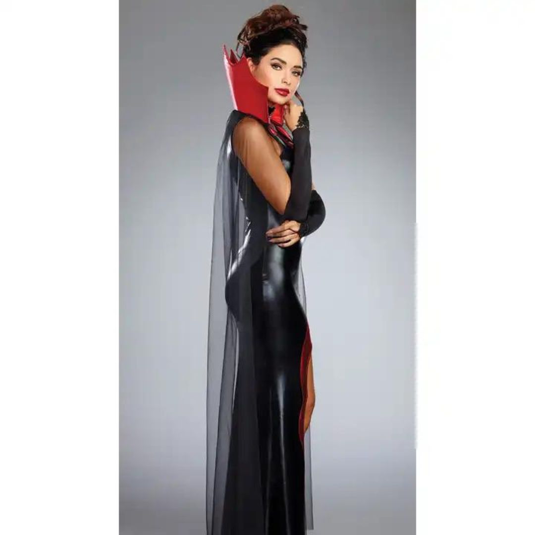 Devilish Diva Black & Red Stretchable Costume w/Cape, Gloves and Neck Choker - Size L - Bust - 36 - 38 inches
