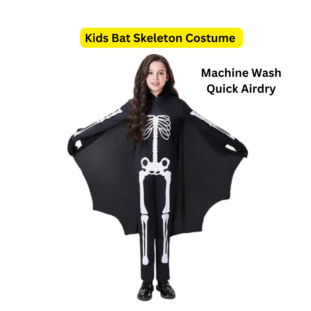 Black Bat Skeleton Costume w/ Wings for Kids - Size M - Age 5 to 7 Years
