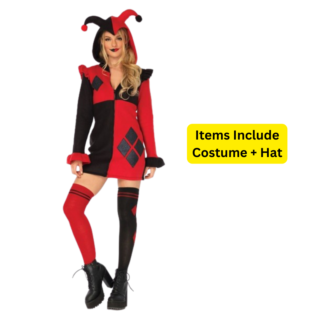 Super Villain Harley Quinn Comic Red & Black Women Costume with Hood - Size M - Bust - 34 inches