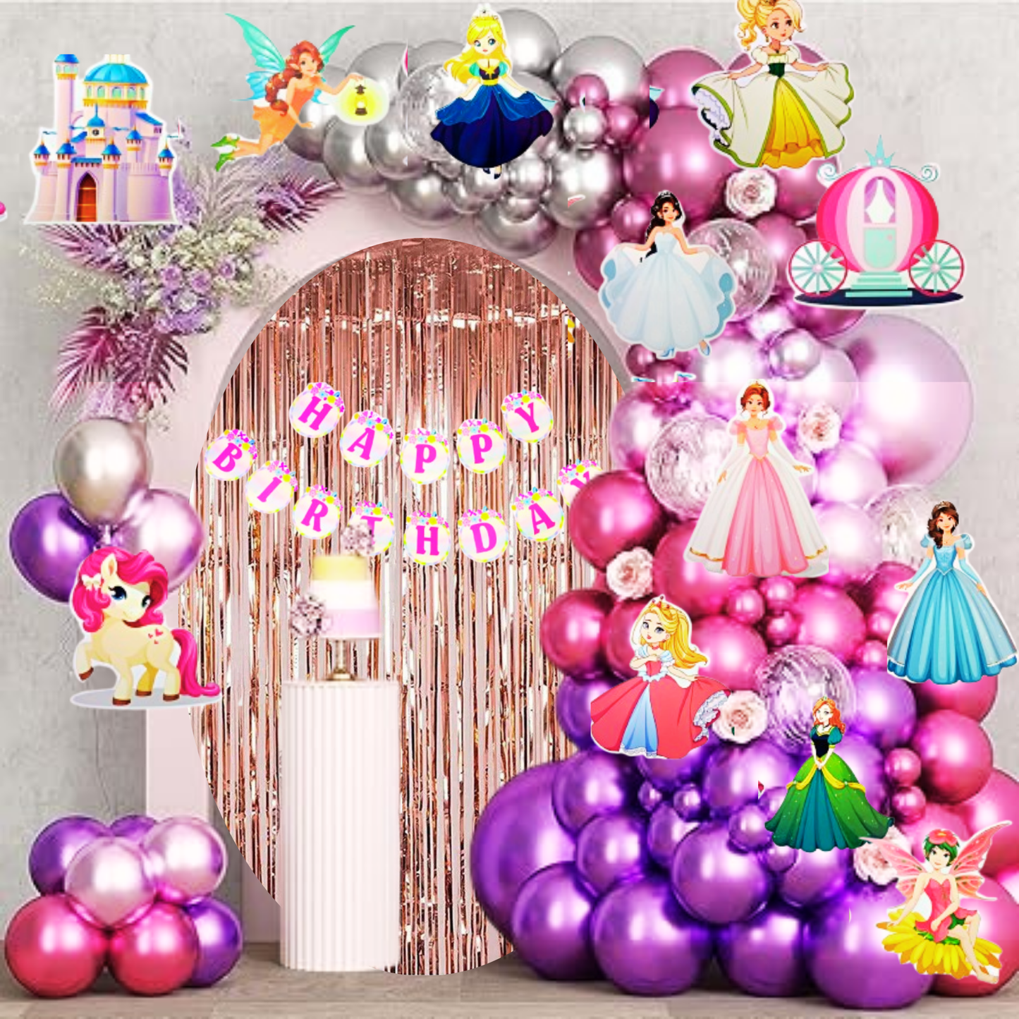 Princess Theme Happy Birthday Balloon Garland & Banner Comobo - Set of 71PC