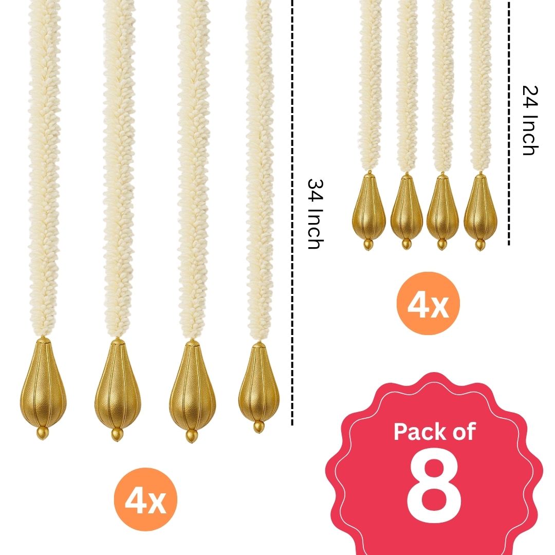 Artificial White Mogra Flower Garland Big and Small with Golden Bud - 8PC