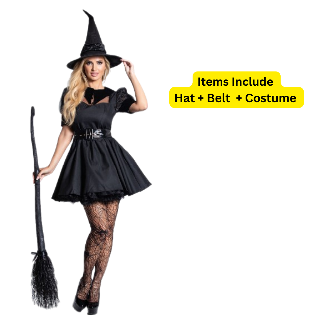 Sexy Witch Black Dress for Adults w/ Witch Hat, Belt & Gloves - Size M - Bust - 34 inches