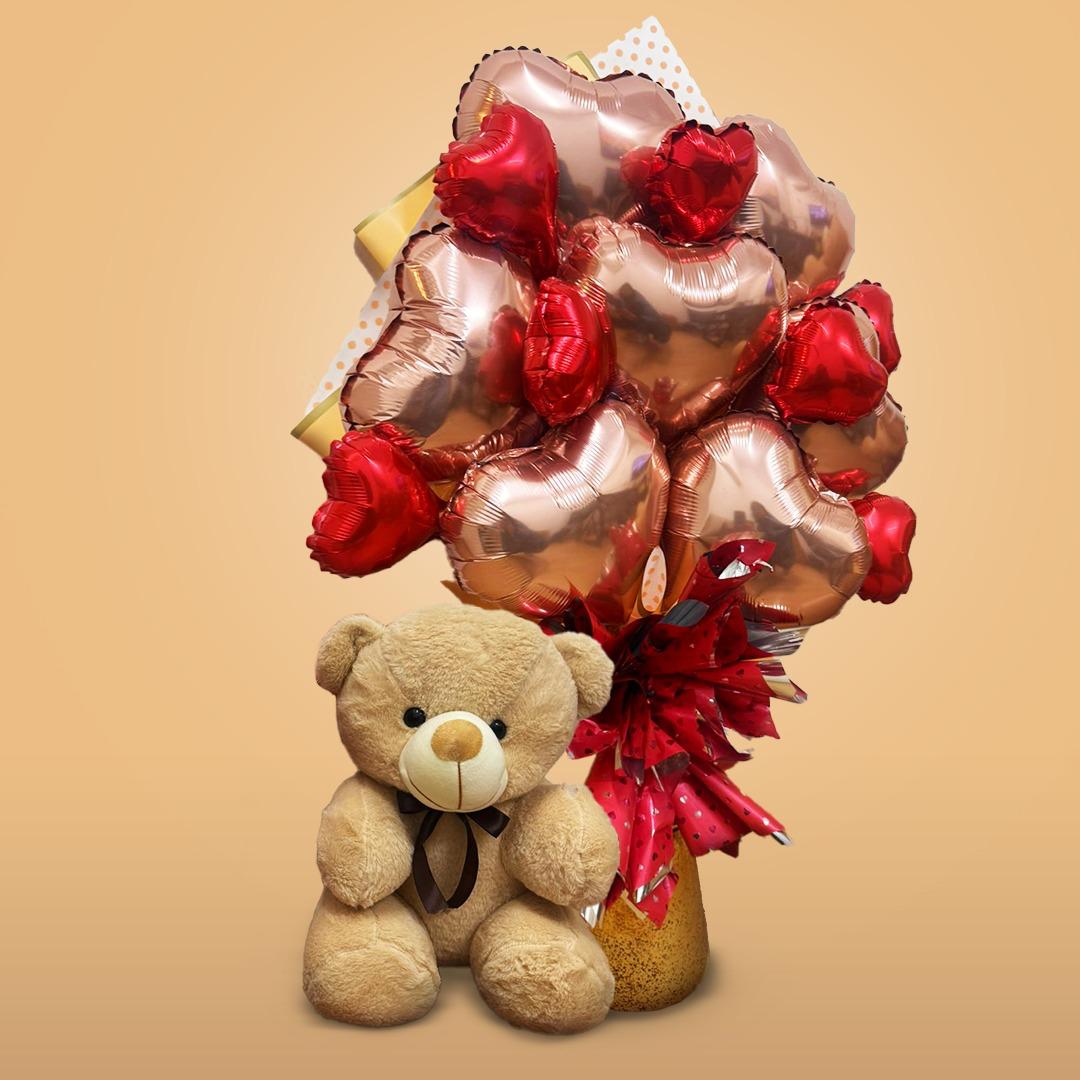 Rose Gold & Red Heart Shape Foil Balloon Bouquet Set - 14PC