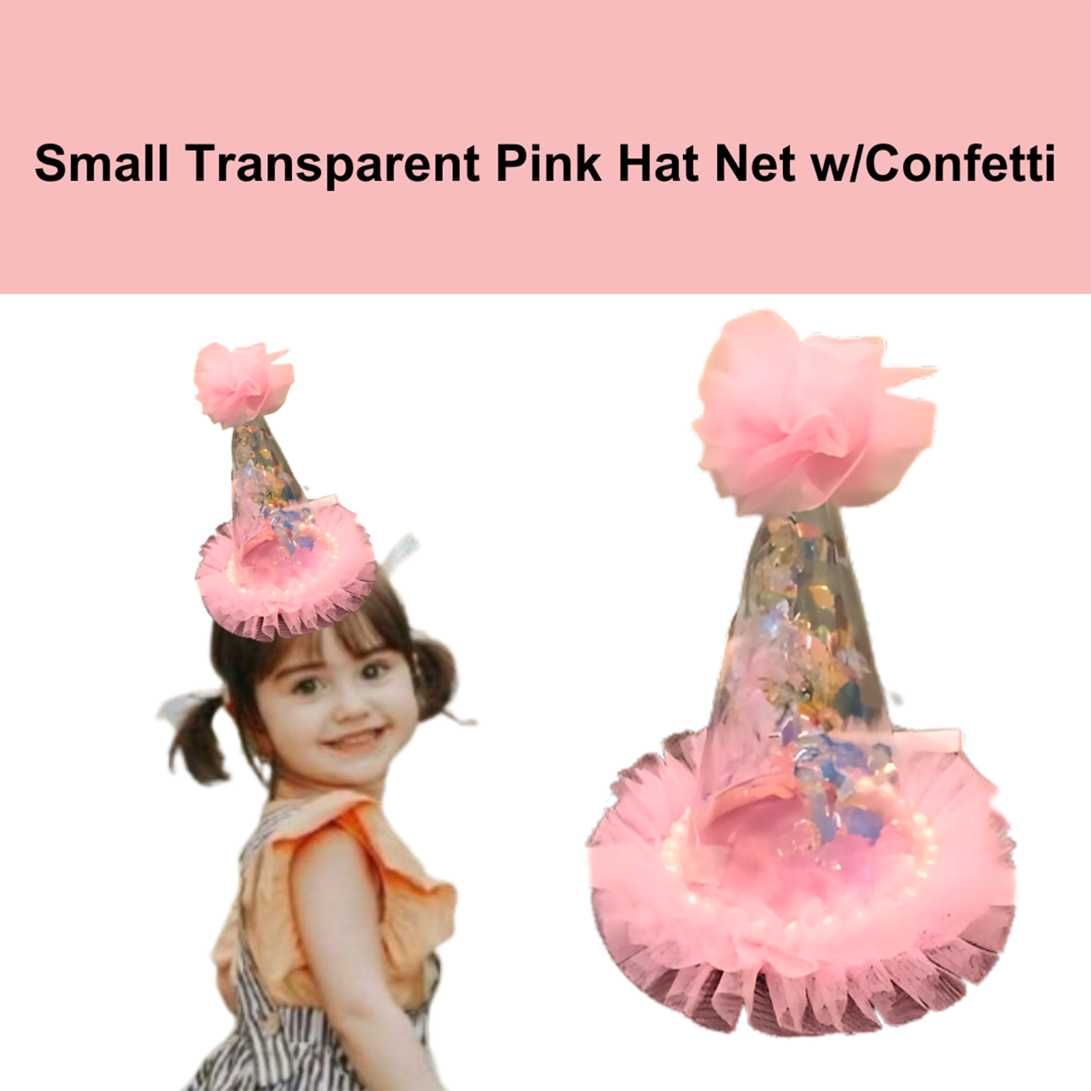 Pink Transparent Party Paper Hat w/ Silver Confetti - 1PC