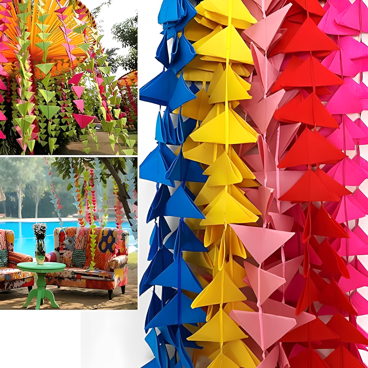 Decorative Triangle Toran,Triangle Cloth Garlands 4Ft. Hanging For Mehndi, Haldi, Wedding,Pongal,Festive Backdrops-Pack of 10