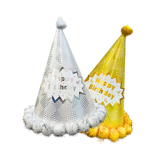 Happy Birthday Party Hats w/ Shiny Checkered Print & Pom Pom - 2PC