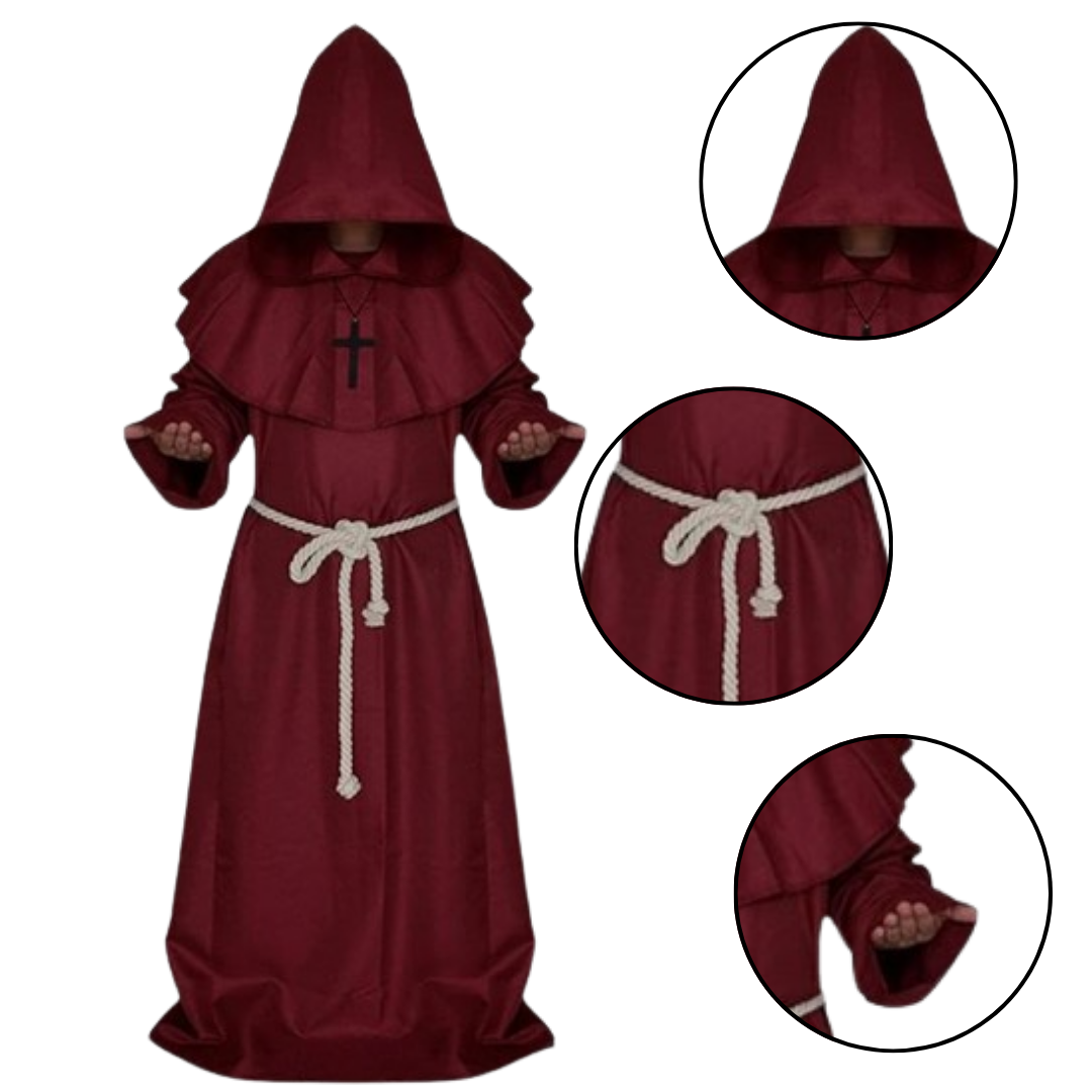 Draconian Priest Red Robe w/Rope, Hood and Cross Sign - Size XL - Chest - 50 inches