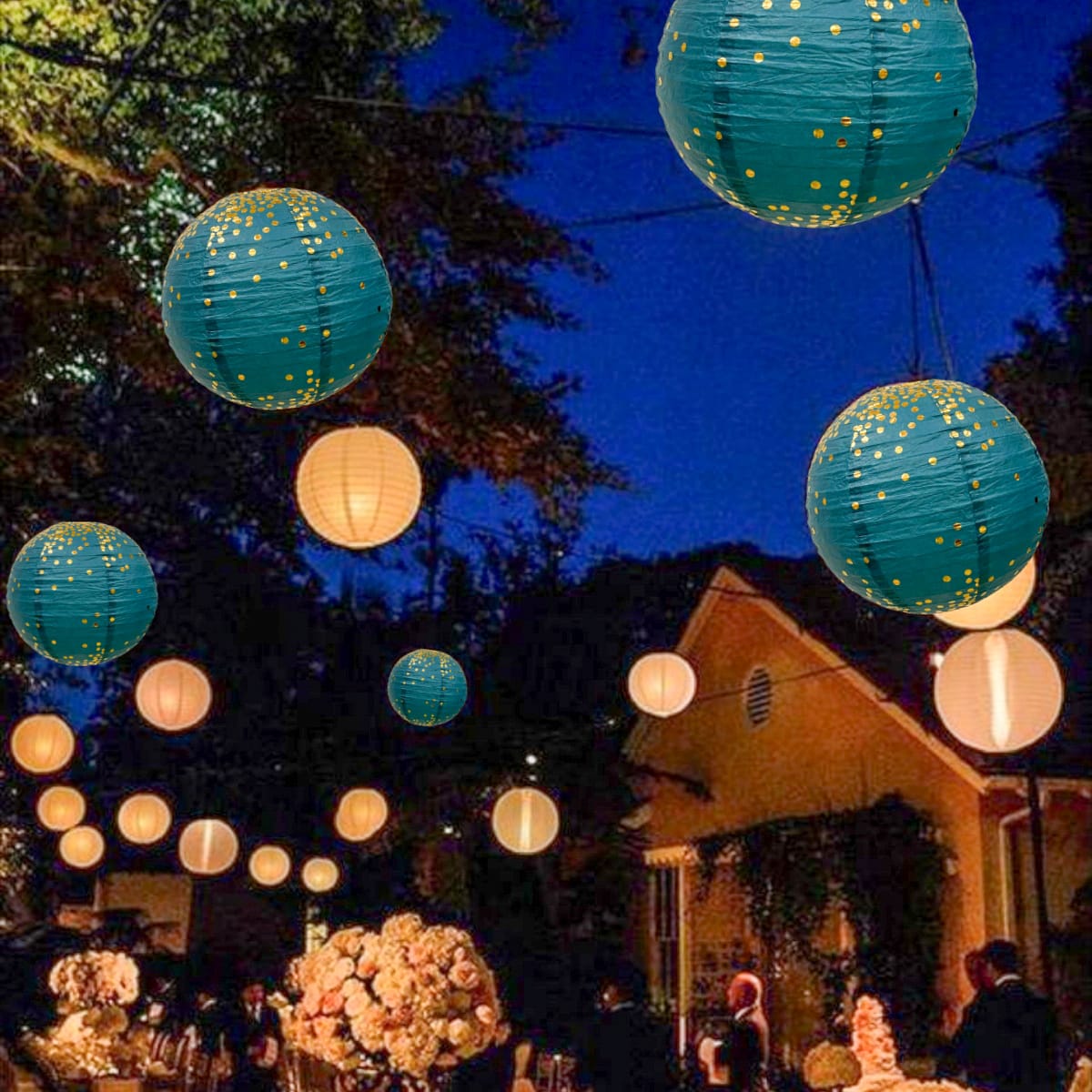Aqua Blue & Golden Polka Dots Lantern 12"