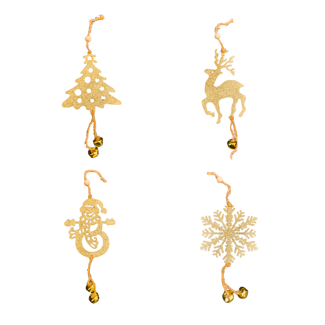 Christmas Tree Ornaments - Assorted Golden Glitter Hanging Decoration with Bells - 4PC
