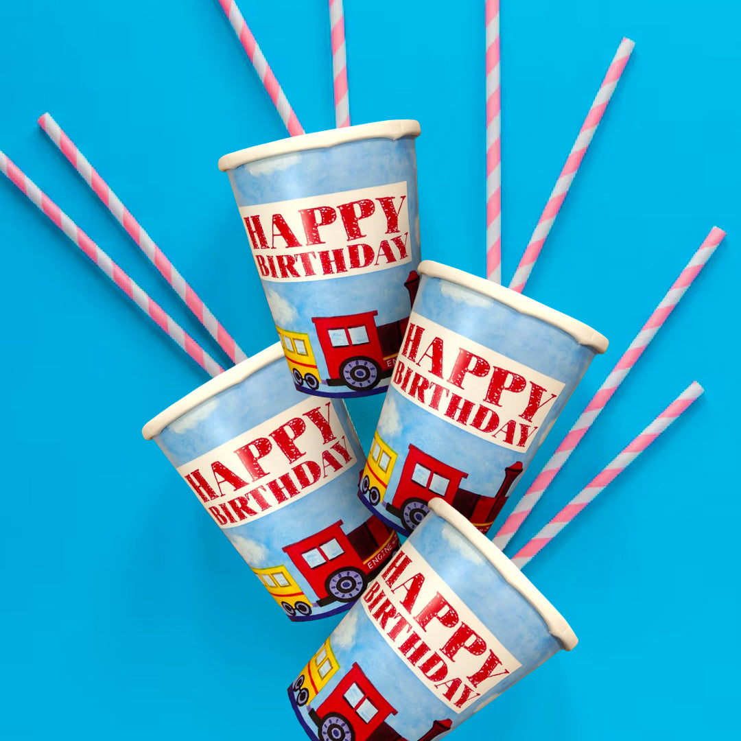 Happy Birthday Party Paper Cups w/ Train Print - 250ML - 8PC