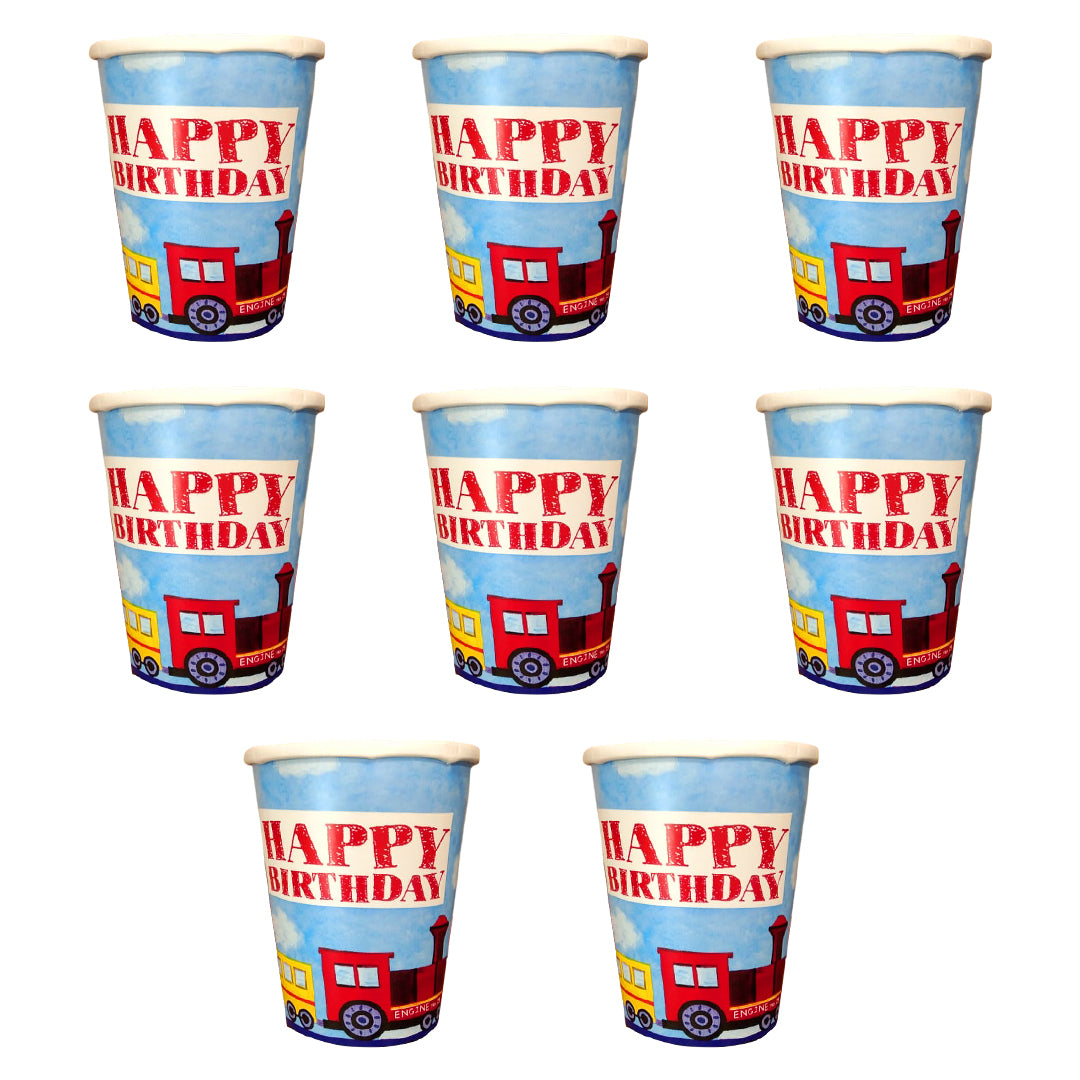 Happy Birthday Party Paper Cups w/ Train Print - 250ML - 8PC