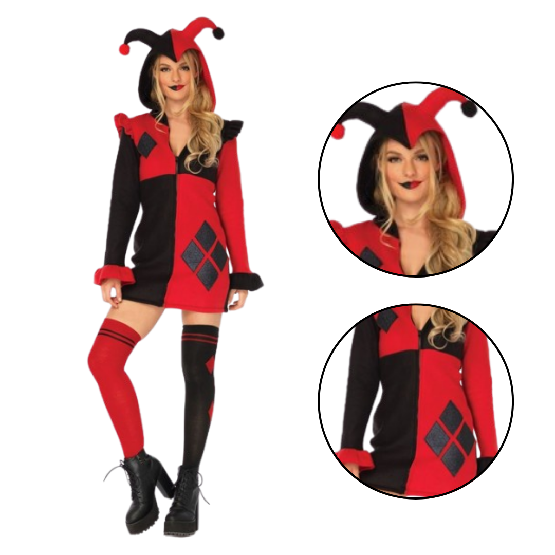 Super Villain Harley Quinn Comic Red & Black Women Costume with Hood - Size M - Bust - 34 inches