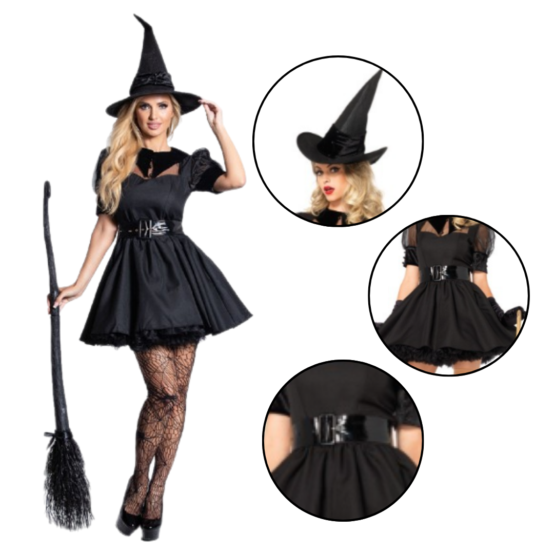 Sexy Witch Black Dress for Adults w/ Witch Hat, Belt & Gloves - Size M - Bust - 34 inches