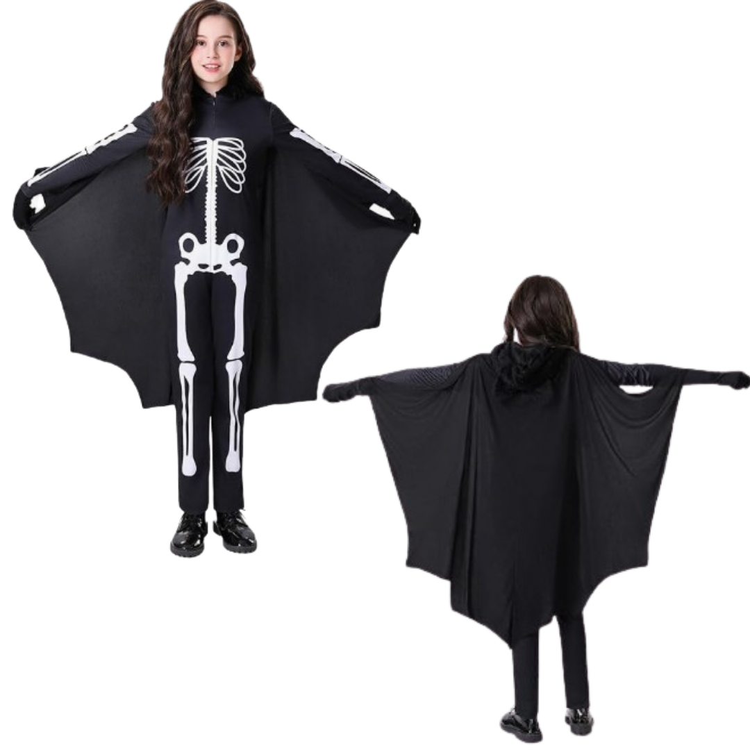 Black Bat Skeleton Costume w/ Wings for Kids - Size M - Age 5 to 7 Years