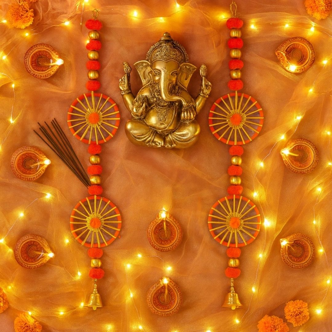 Artificial Orange Marigold Flower Hanging with Rings and Bell Hanging - 2PC