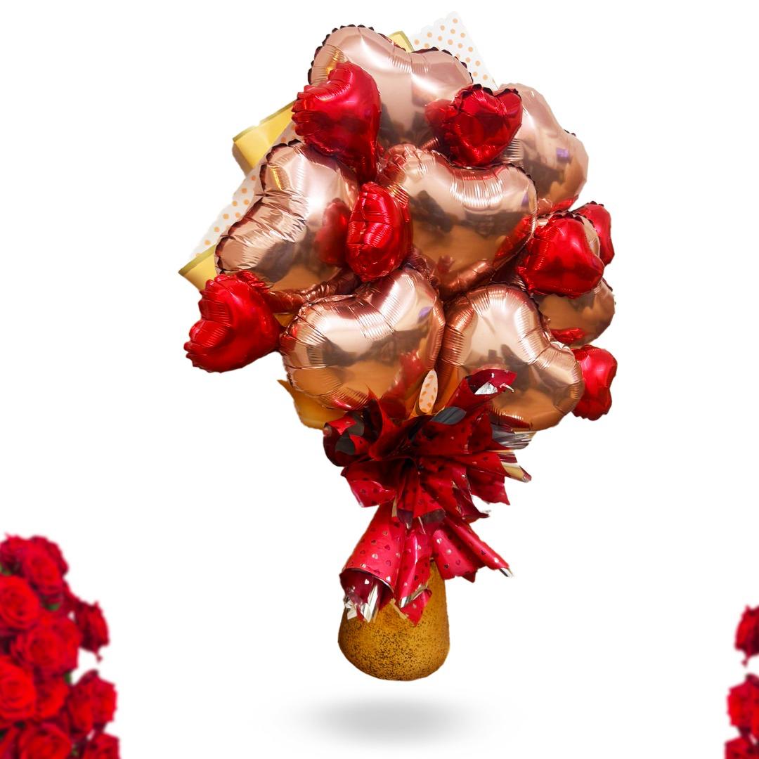 Rose Gold & Red Heart Shape Foil Balloon Bouquet Set - 14PC