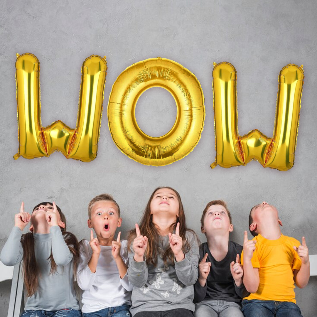 WOW Golden Foil Balloon Set - Helium or Air Filled - 40 inches - 3PC