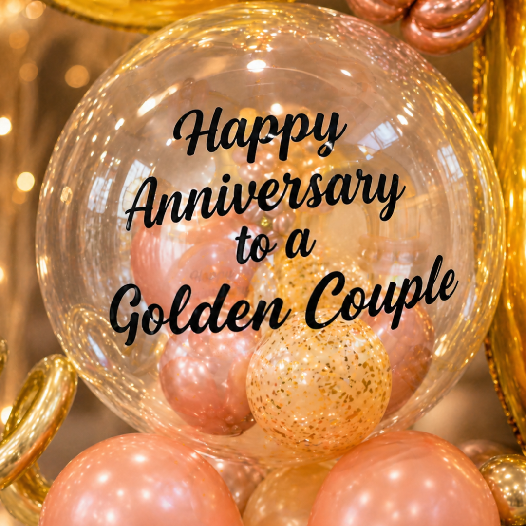 50th Anniversary Balloon Bouquet with Rose Gold Heart and Message for the Golden Couple | Air Filled and Delivers Inflated