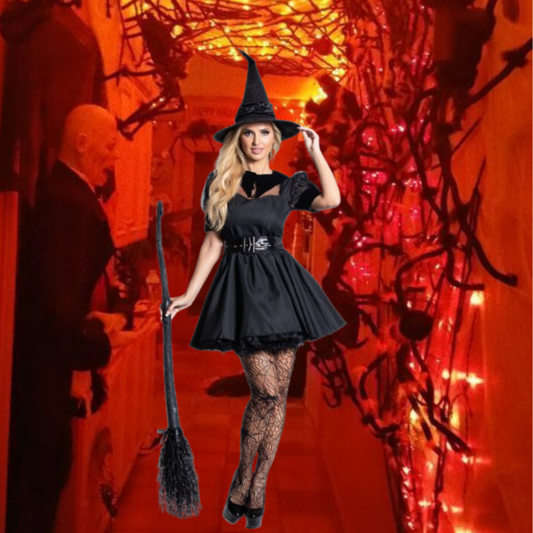 Sexy Witch Black Dress for Adults w/ Witch Hat, Belt & Gloves - Size L - Bust - 36 inches