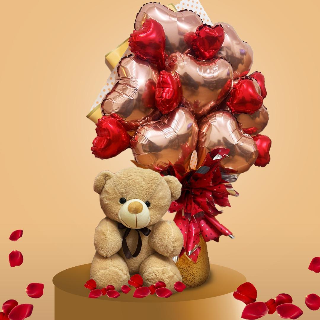Rose Gold & Red Heart Shape Foil Balloon Bouquet Set - 14PC