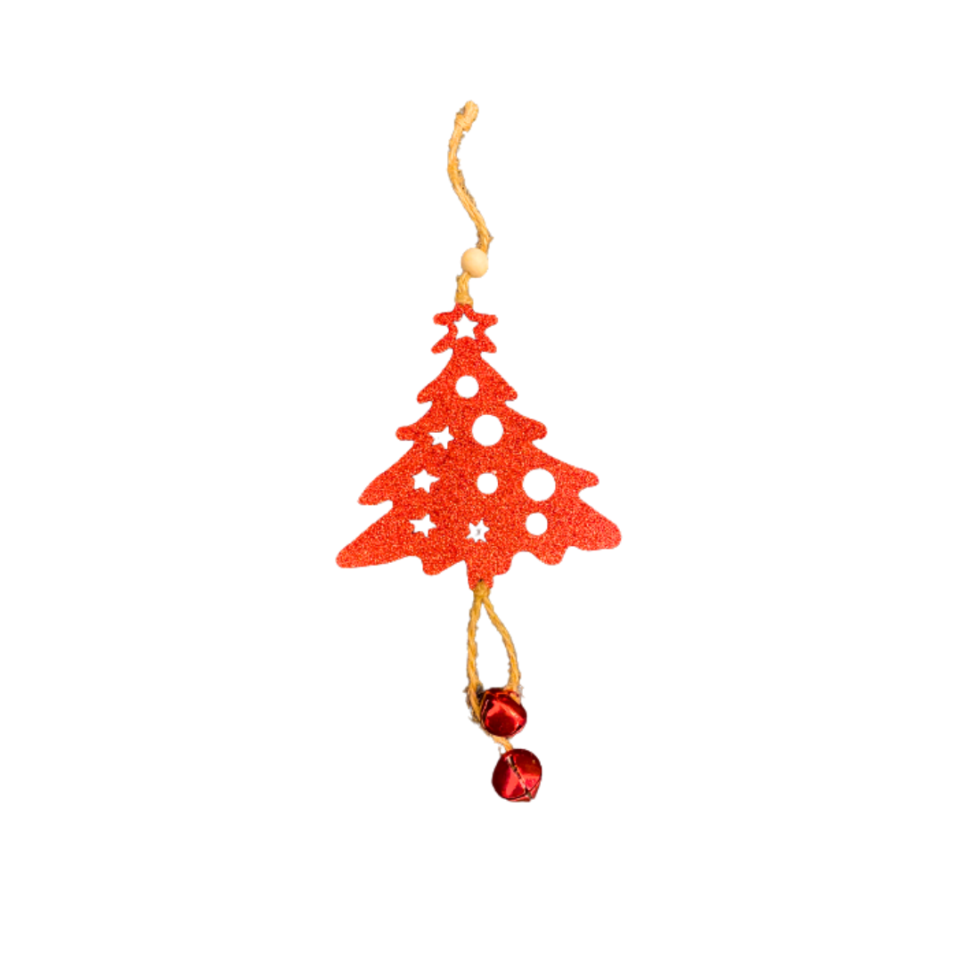 Christmas Tree Ornaments - Assorted Red Glitter Hanging Decoration with Bells - 4PC