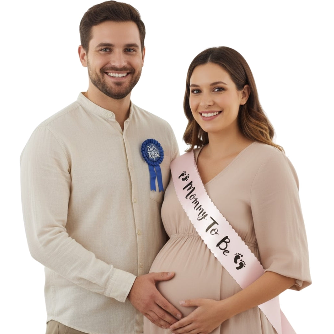 Dad To Be Blue Award Button w/ Mommy To Be Pink Satin Sash Combo - 2PC