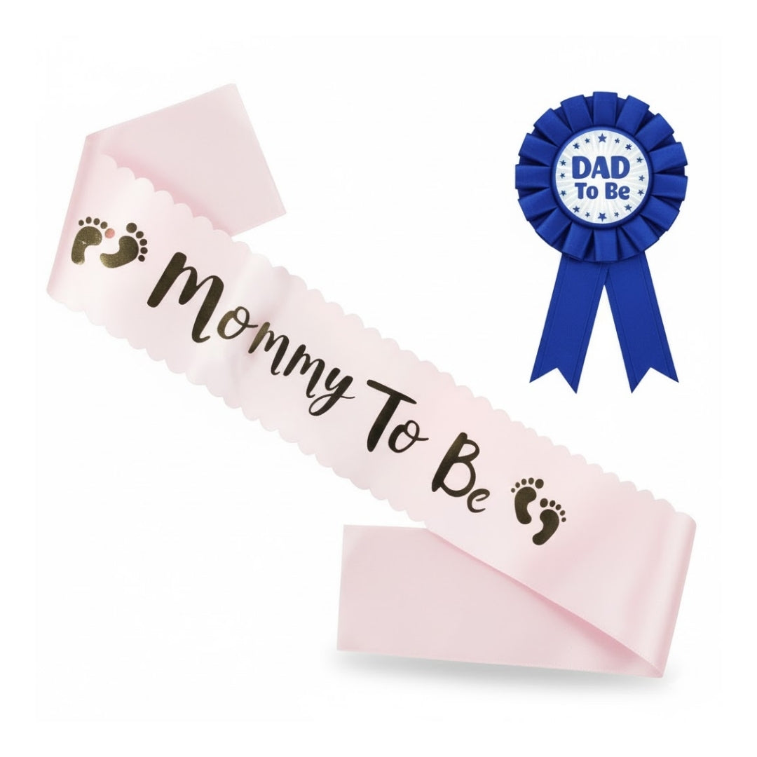 Dad To Be Blue Award Button w/ Mommy To Be Pink Satin Sash Combo - 2PC