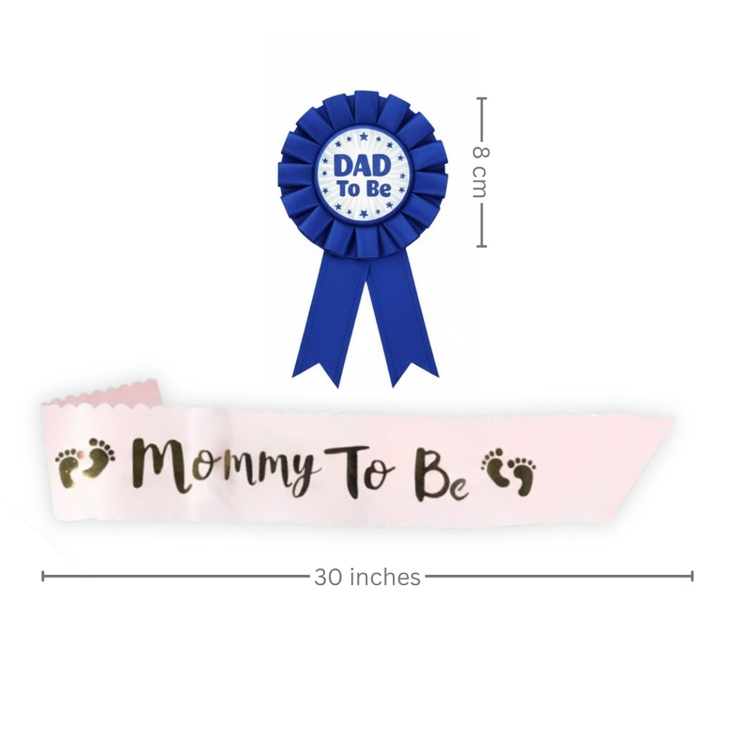 Dad To Be Blue Award Button w/ Mommy To Be Pink Satin Sash Combo - 2PC