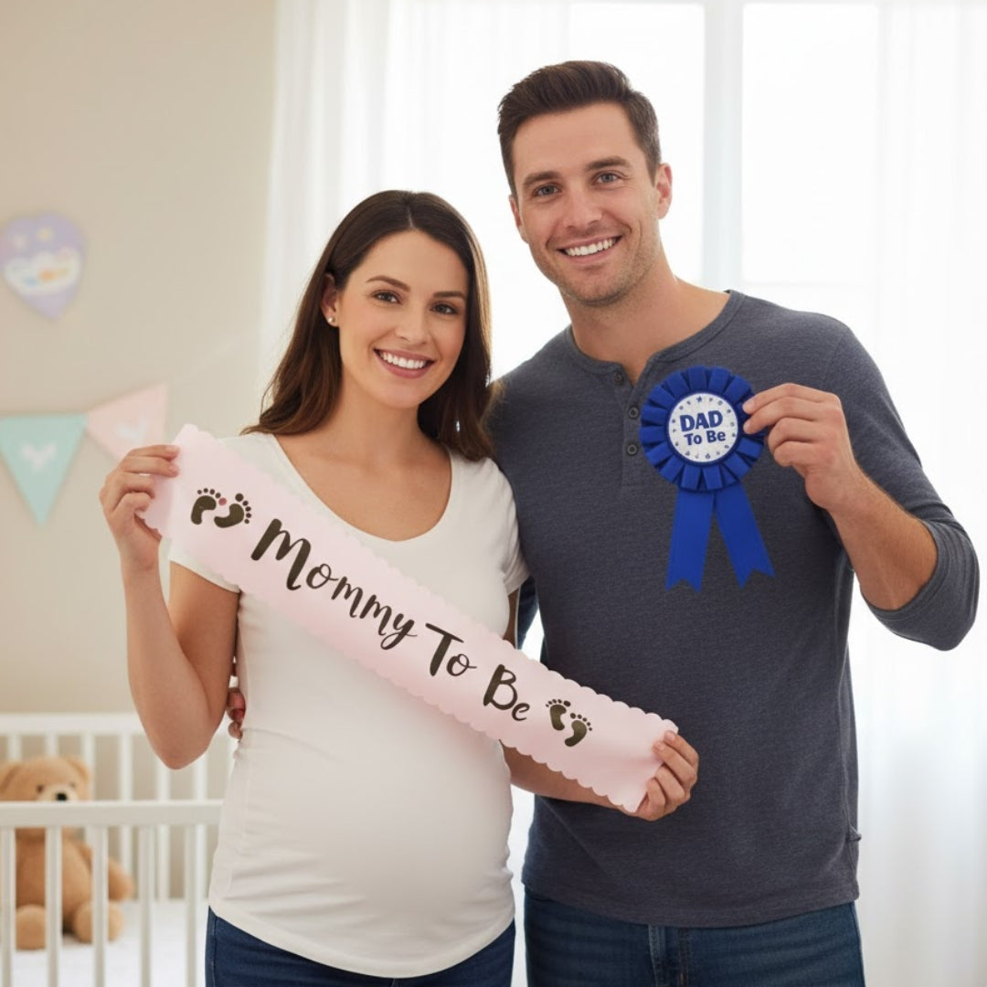 Dad To Be Blue Award Button w/ Mommy To Be Pink Satin Sash Combo - 2PC