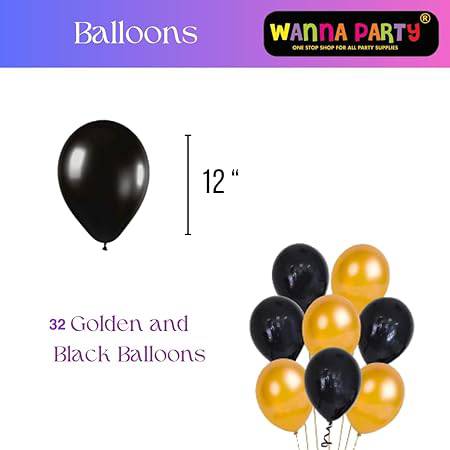 Happy Birthday Banner Decoration Kit including Birthday Banner, Foil Curtain and Black & Golden Balloons- Set of 34Pcs