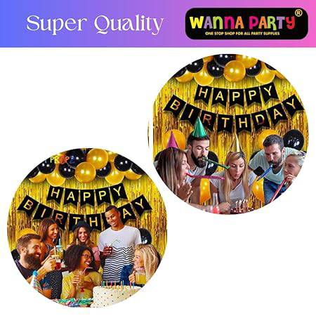 Happy Birthday Banner Decoration Kit including Birthday Banner, Foil Curtain and Black & Golden Balloons- Set of 34Pcs