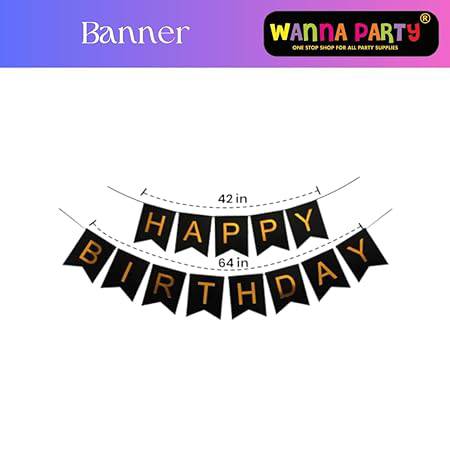 Happy Birthday Banner Decoration Kit including Birthday Banner, Foil Curtain and Black & Golden Balloons- Set of 34Pcs