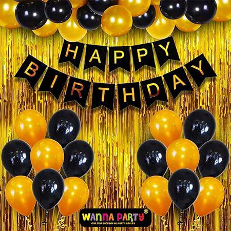 Happy Birthday Banner Decoration Kit including Birthday Banner, Foil Curtain and Black & Golden Balloons- Set of 34Pcs