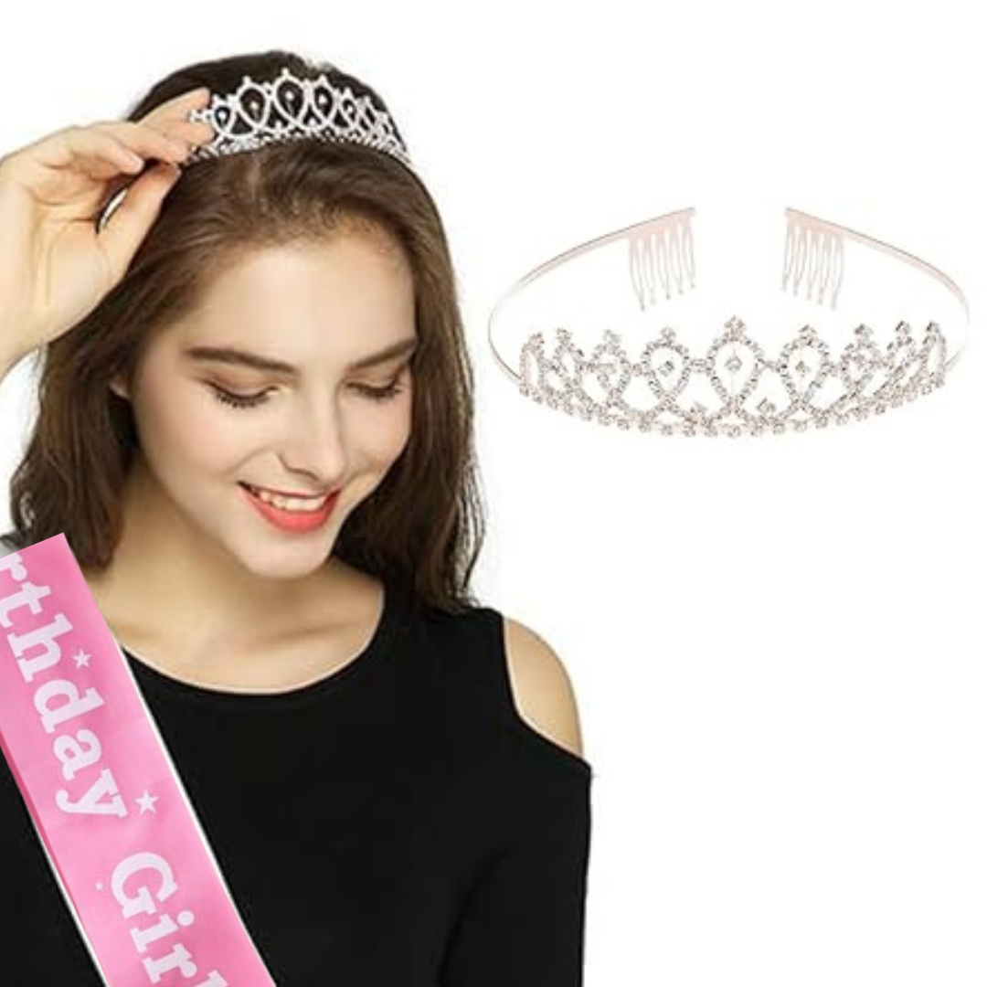 Wanna Party Birthday Sash & Rose Gold Rhinestone Tiara Kit - Birthday Girl Sash& Tiara