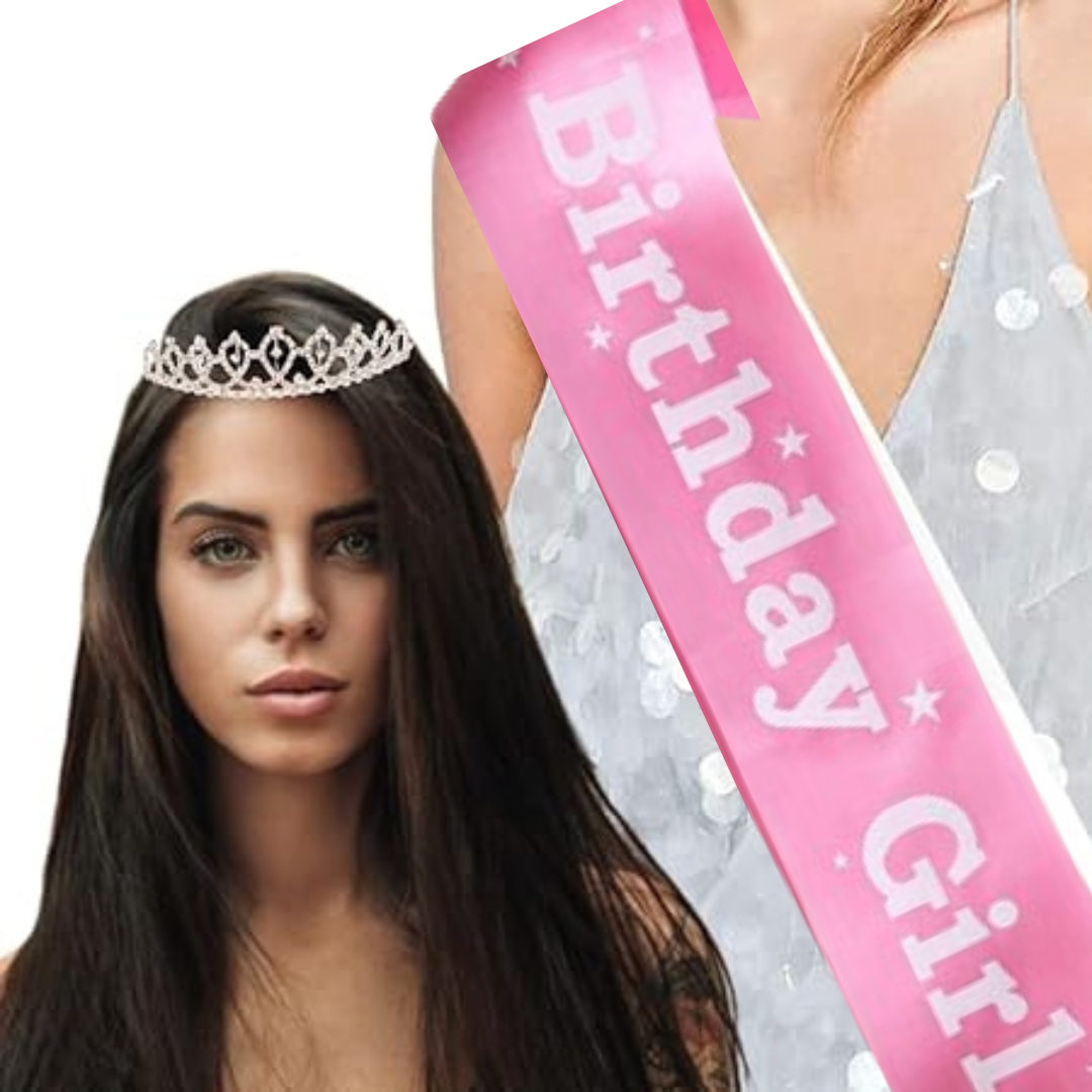 Wanna Party Birthday Sash & Rose Gold Rhinestone Tiara Kit - Birthday Girl Sash& Tiara