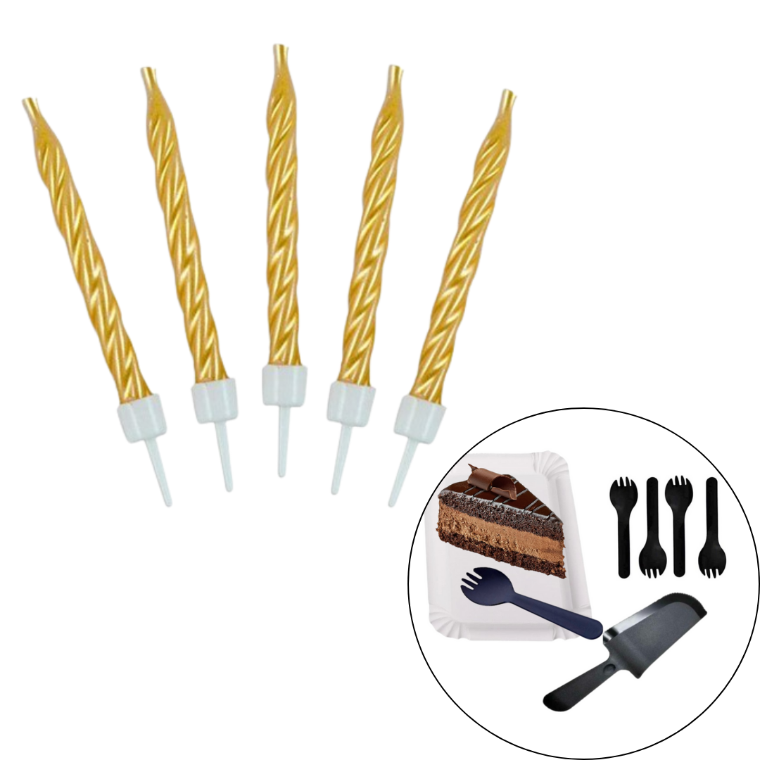 "Golden Swirl candle w/ Black Knife, fork plate set - 26PC "